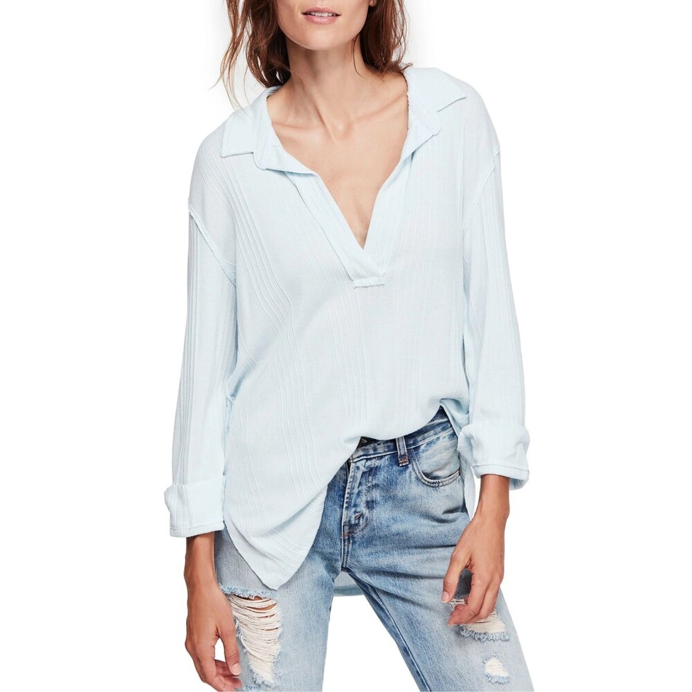 New Free People Annie Pullover Blouse top Ribbed Boho long sleeve sky blue M